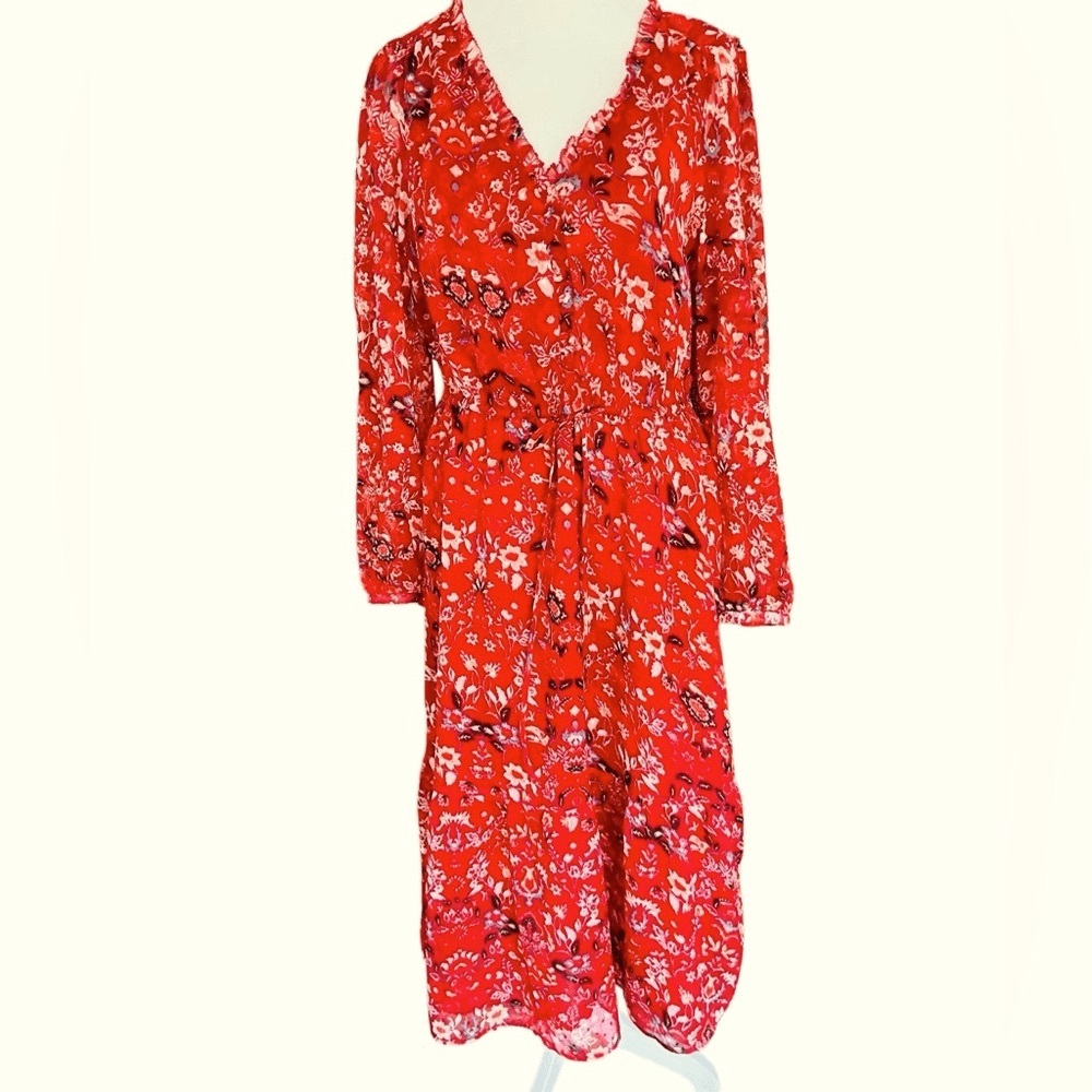 LOFT Red Floral Ruffle-Trim Button Blouse - Picture 4 of 12